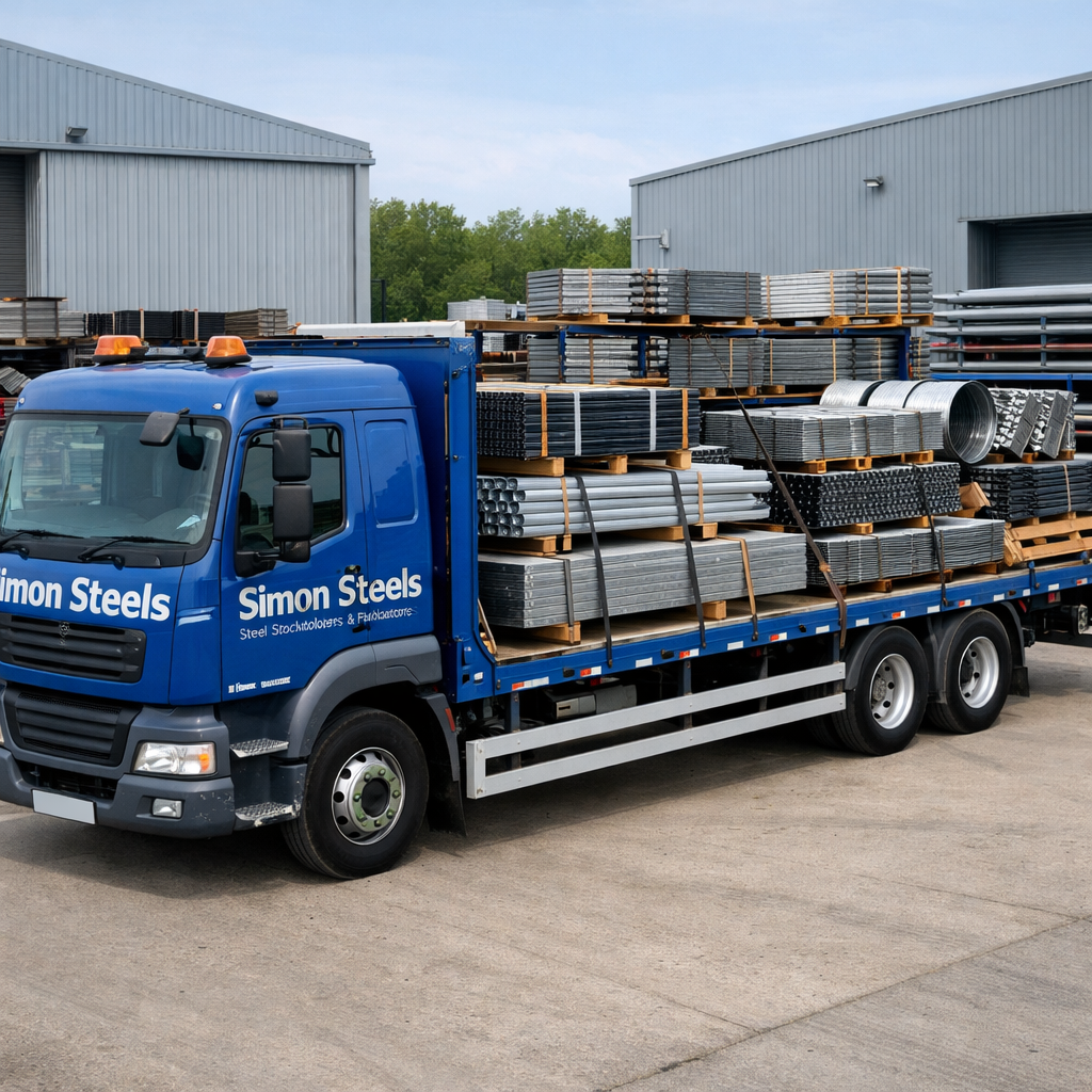 Blue Truck in Modern Yard with Metal Products-1