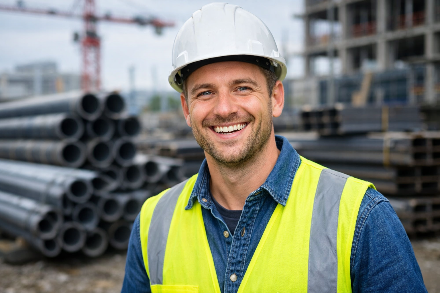 Happy Customer at Construction Site with Steel Background