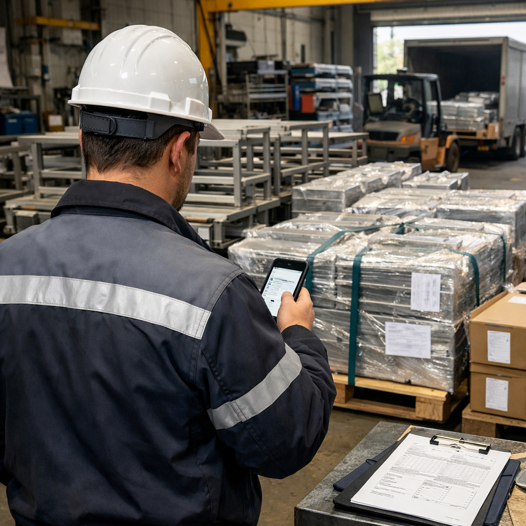 Metal Fabricator Inspecting Finished Goods with Mobile Device-1