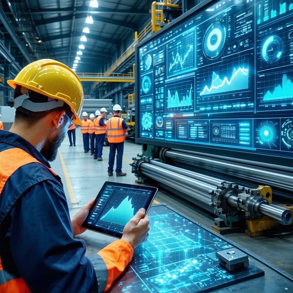 The image depicts a modern metal service center bustling with activity In the foreground a digital dashboard displays realtime metrics like Overall Equipment Effectiveness OEE and scrap rates illuminated by bright LED lights Skilled operators wearing-1