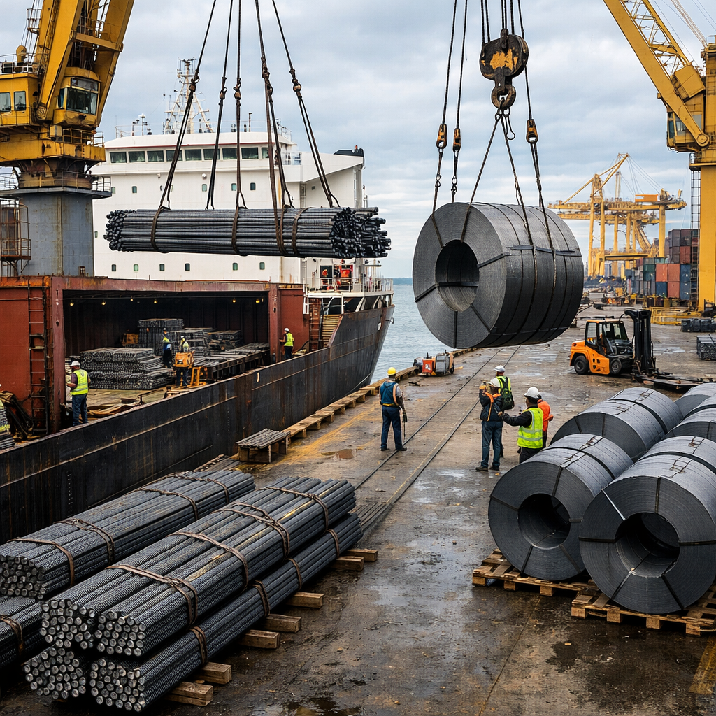 offloading a ship full of metal bars and coil at a dock